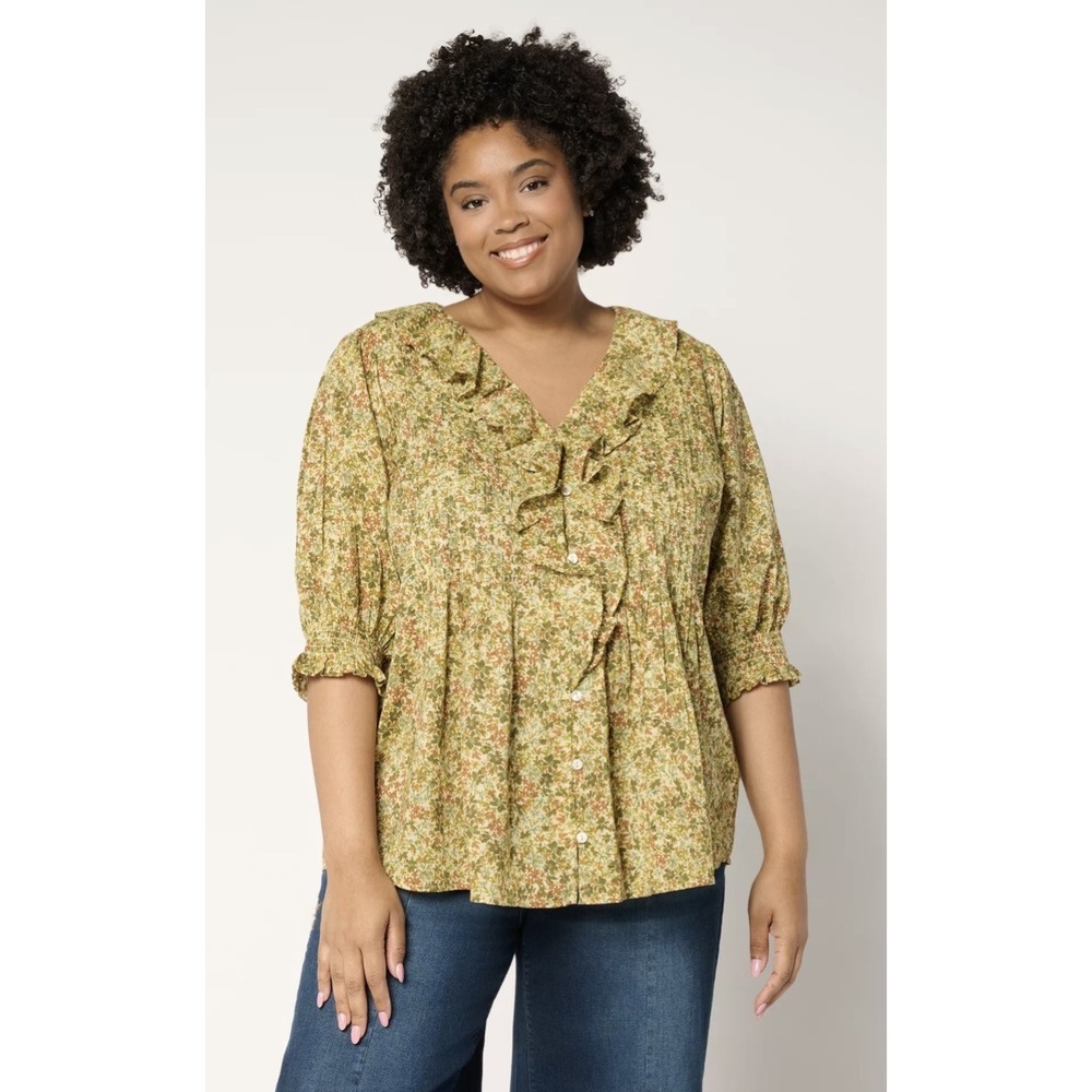 Ree By The Pioneer Woman Top 3X Green Floral Ruffle Tunic Boho Cottagecore Fairy